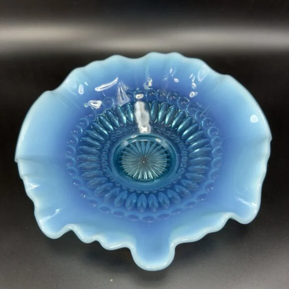 Vintage Opalescent Aqua Blue Scalloped‎ Edge Depression Glass Dish Bowl 8inch